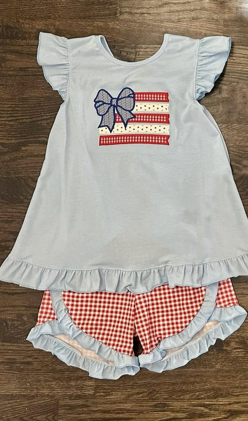 Baby Girls Flags Bows Tunic Ruffle Shorts Clothes Sets Preorder