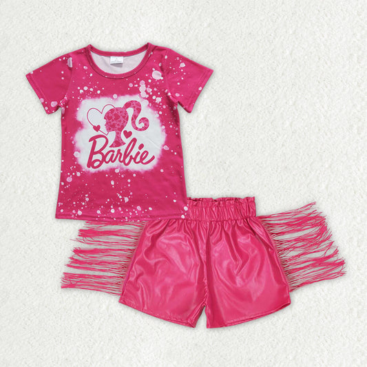 Baby Girls Pink Doll Shirts Tops Leather  Tassel Shorts Clothes Sets