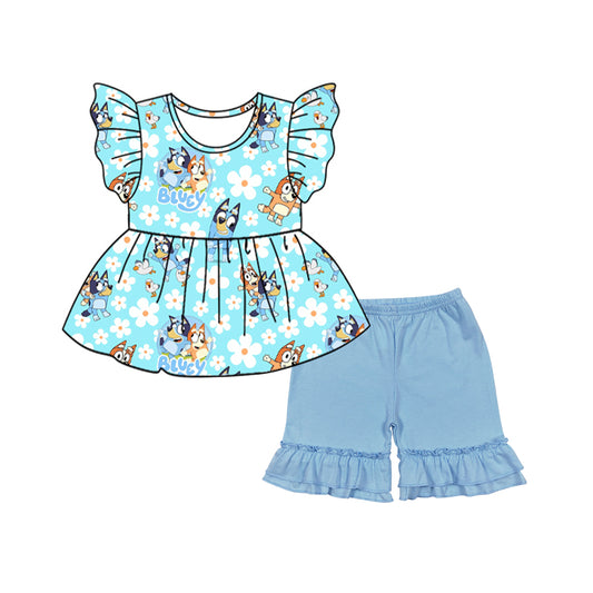 Baby Girls Blue Flowers Dogs Tunic Ruffle Shorts Clothes Sets Preorder