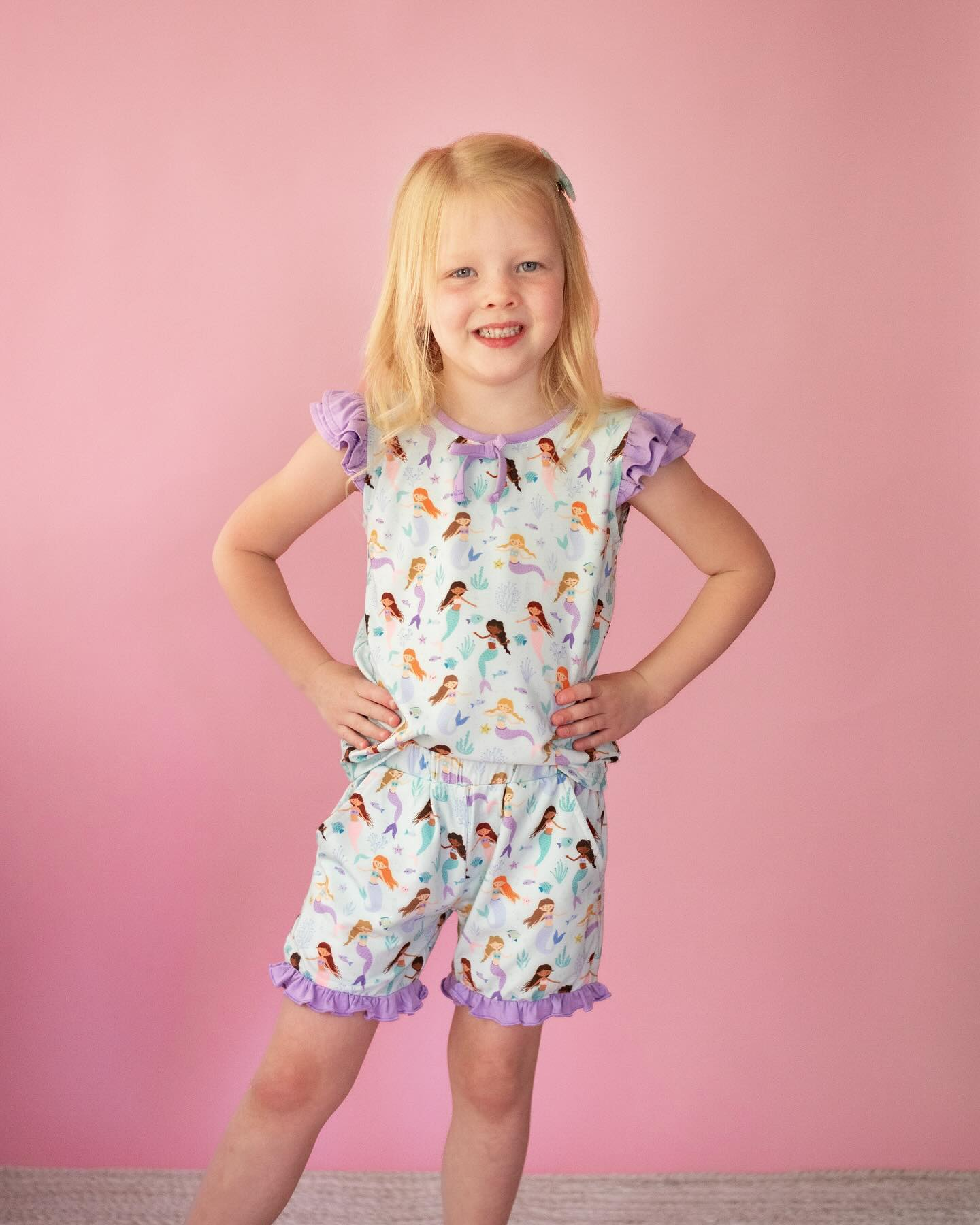 Baby Girls Mermaid Lavender Shirts Ruffle Shorts Clothes Sets Preorder