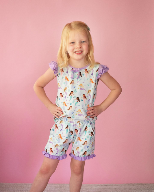 Baby Girls Mermaid Lavender Shirts Ruffle Shorts Clothes Sets Preorder