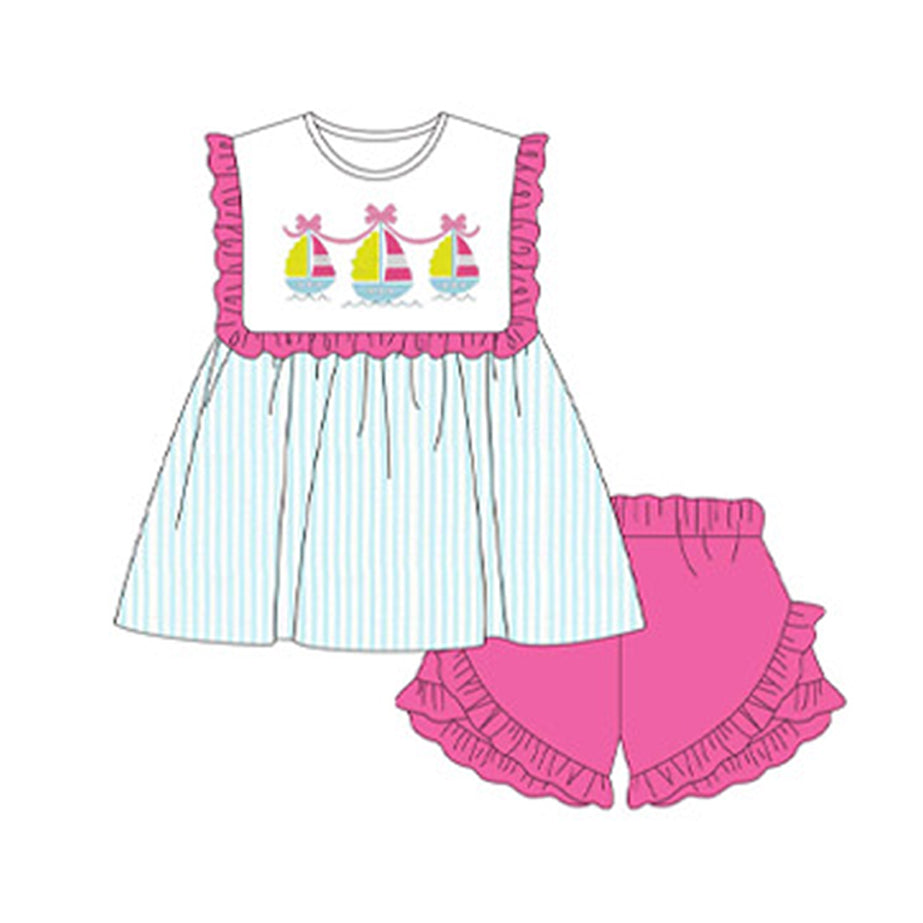 Baby Girls Pink Saiboats Tunic Ruffle Shorts Clothes Sets Preorder