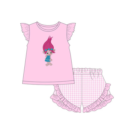 Baby Girls Pink Long Hair Cartoon Shirts Ruffle Shorts Clothes Sets Preorder