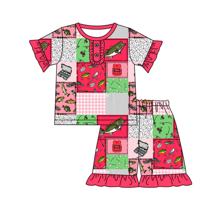 Baby Girls Summer Fishing Shirts Ruffle Shorts Pajamas Clothes Sets Preorder