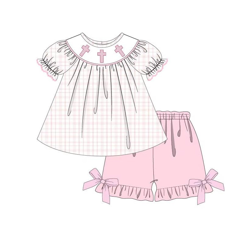 Baby Girls Pink Checkered Easter Cross Tunic Ruffle Shorts Clothes Sets Preorder