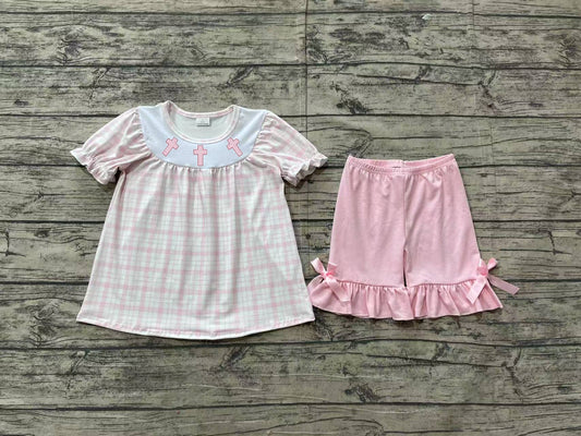 Baby Girls Pink Checkered Easter Cross Tunic Ruffle Shorts Clothes Sets Preorder