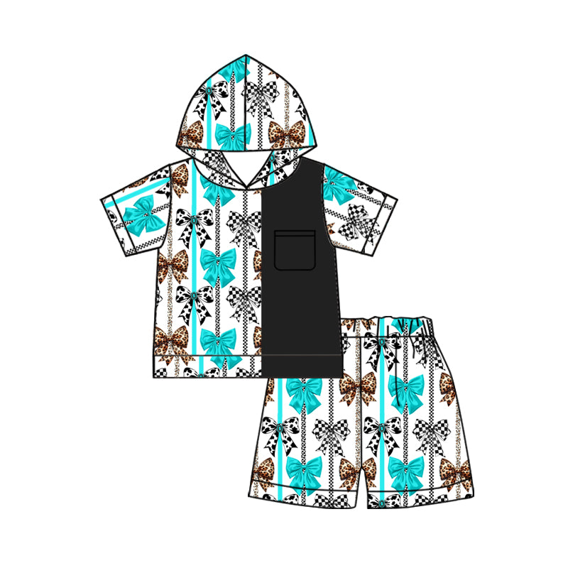 Baby Girls Western Bows Stripes Hooded Shirts Shorts Clothes Sets Preorder