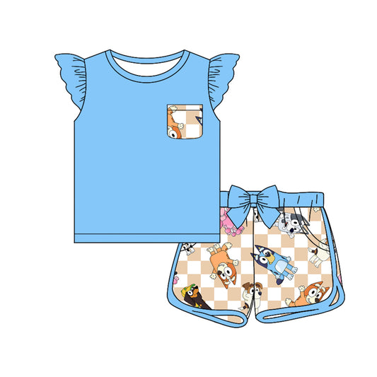 Baby Girls Blue Dogs Shirts Ruffle Shorts Clothes Sets Preorder