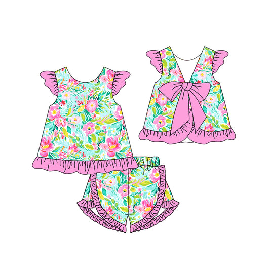 Baby Girls Green Big Flowers Tunic Ruffle Shorts Clothes Sets Preorder