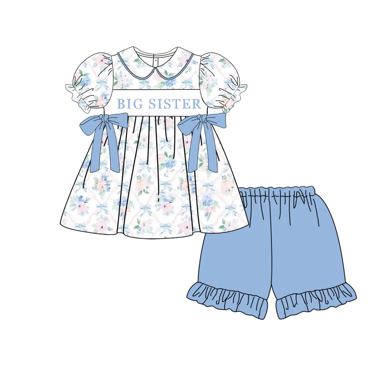 Baby Girls Blue Flowers Big Sister Tunic Ruffle Shorts Clothes Sets Preorder