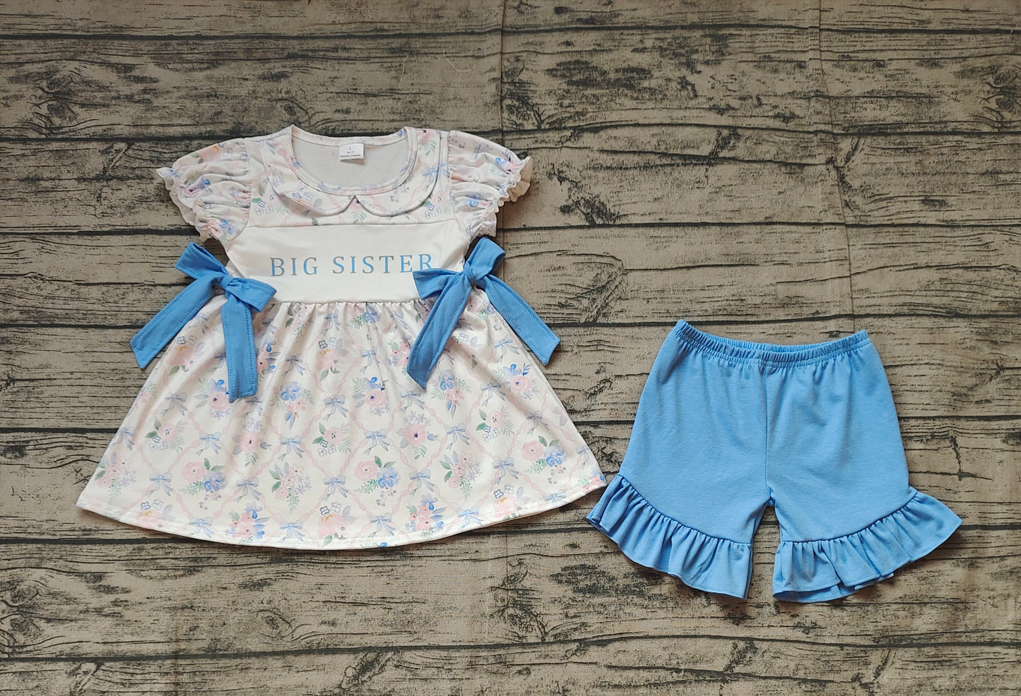 Baby Girls Blue Flowers Big Sister Tunic Ruffle Shorts Clothes Sets Preorder