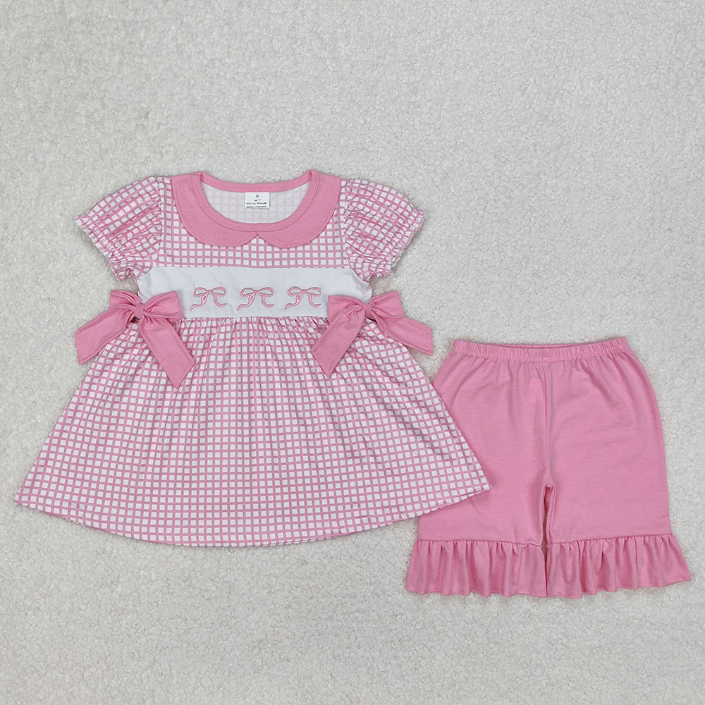 Embroidery Baby Girls Pink Checkered Bows Tunic Ruffle Shorts Clothes Sets