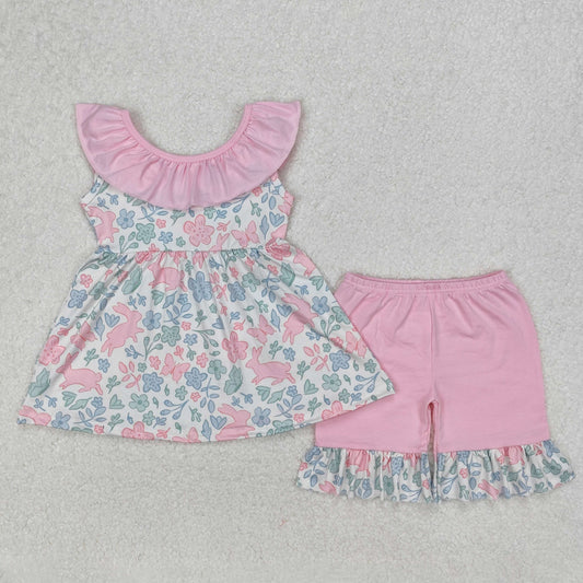 Sibling Baby Girls Sleeveless Floral Easter Rabbits Bow Tunic Ruffle Shorts Clothes Sets