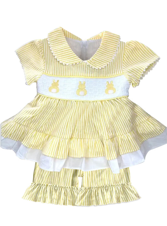 Baby Girls Yellow Easter Rabbits Tunic Ruffle Shorts Clothes Sets Preorder