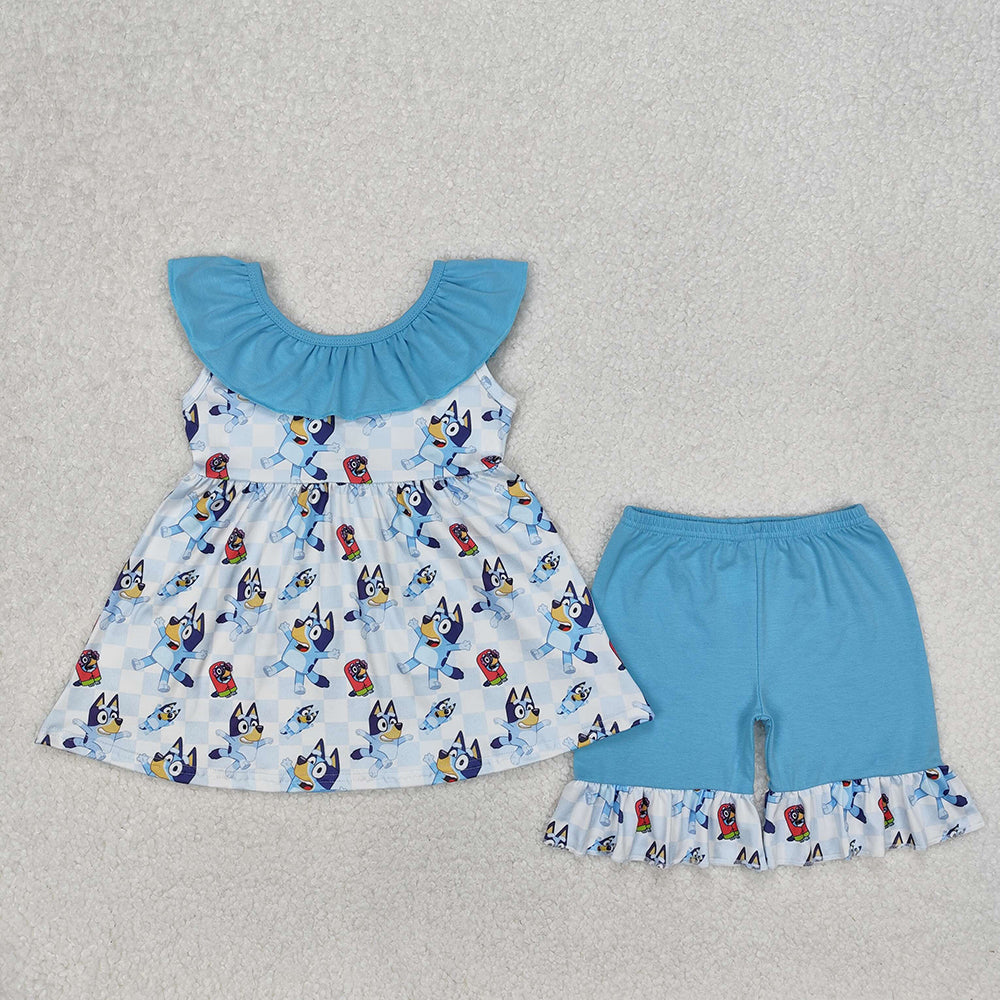 Baby Girls Cartoon Dogs Tunic Ruffle Shorts Clothes Sets