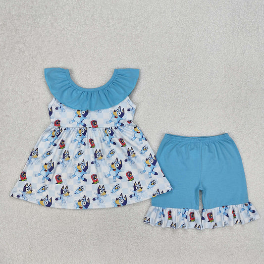 Baby Girls Cartoon Dogs Tunic Ruffle Shorts Clothes Sets