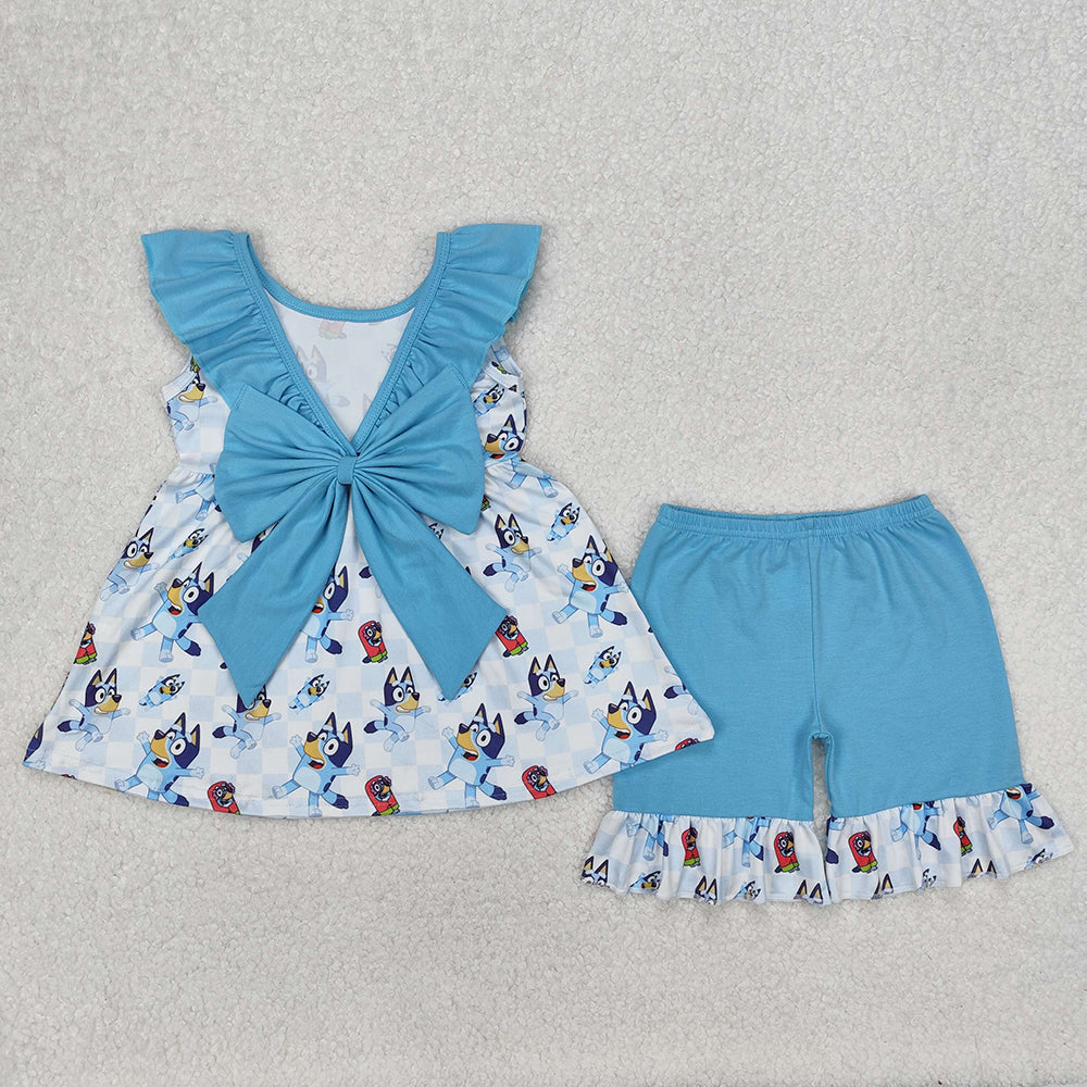 Baby Girls Cartoon Dogs Tunic Ruffle Shorts Clothes Sets