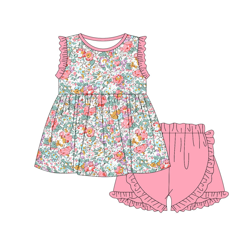 Baby Girls Light Pink Flowers Tunic Ruffle Shorts Clothes Sets Preorder