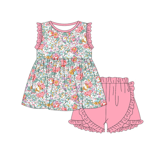 Baby Girls Light Pink Flowers Tunic Ruffle Shorts Clothes Sets Preorder