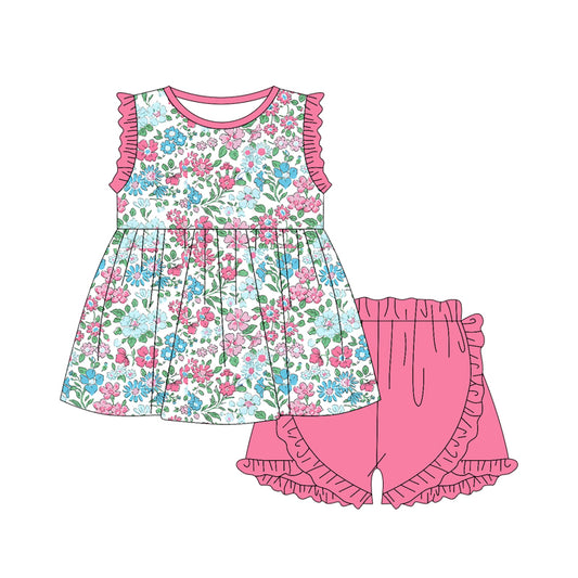 Baby Girls Pink Flowers Tunic Ruffle Shorts Clothes Sets Preorder