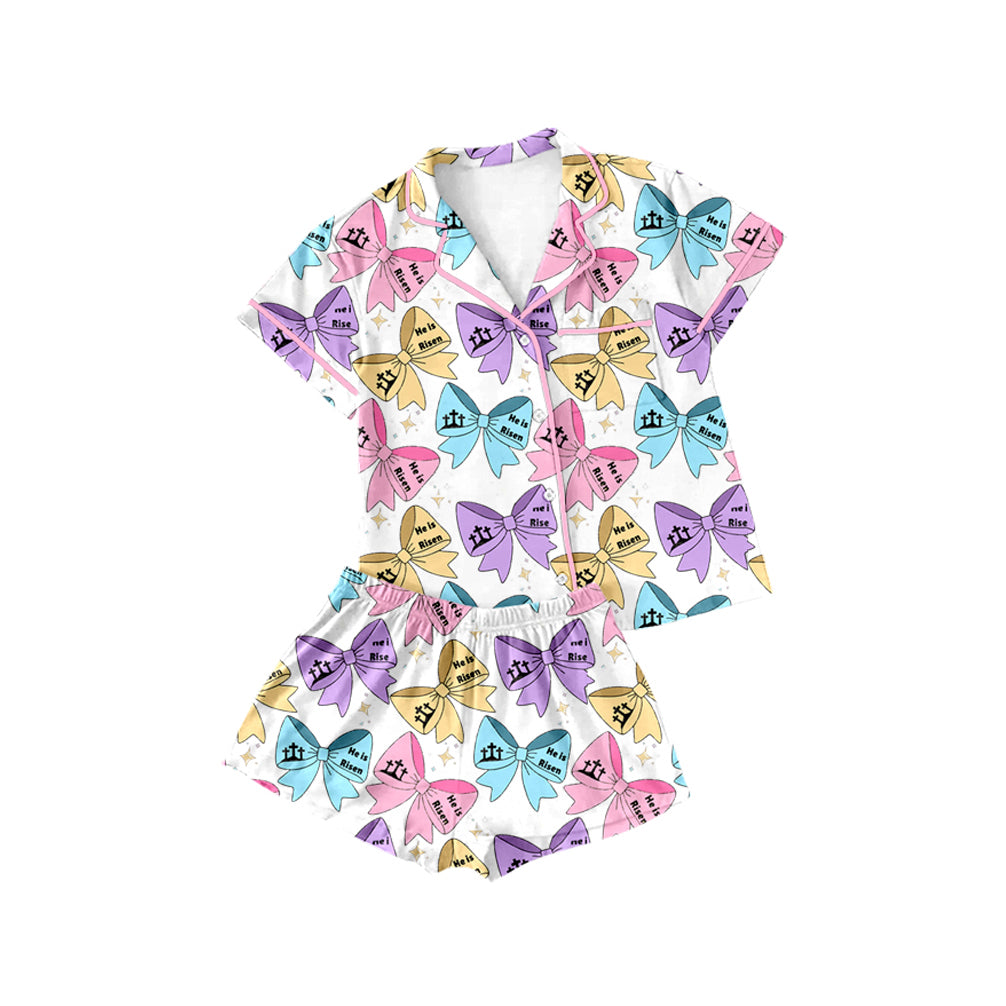Baby Girls Easter Bows Buttons Shirt Shorts Pajamas Clothes Sets Preorder