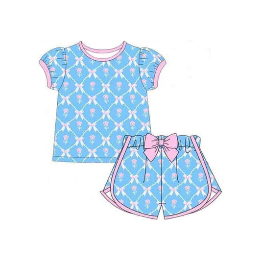 Baby Girls Blue Bows Flowers Shirt Shorts Clothes Sets Preorder