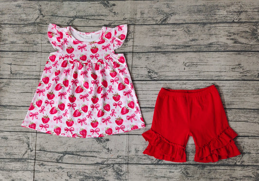 Baby Girls Strawberry Bows Tunic Ruffle Shorts Clothes Sets