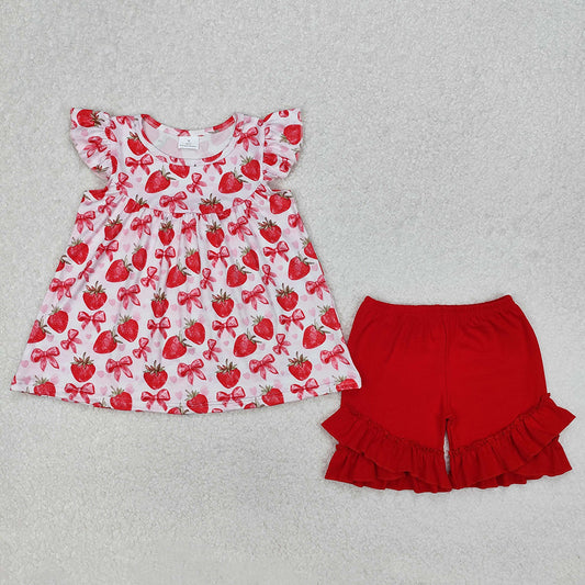 Baby Girls Strawberry Bows Tunic Ruffle Shorts Clothes Sets
