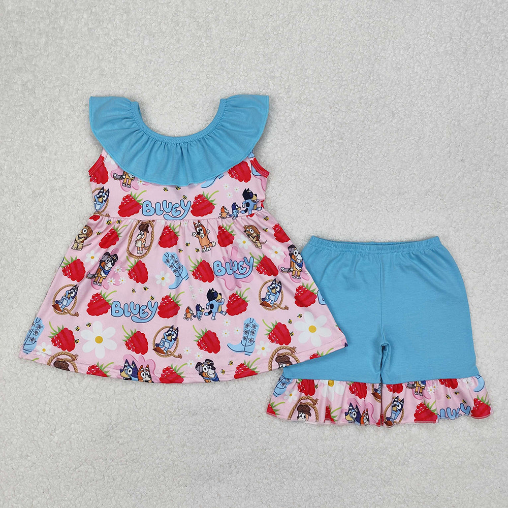 Baby Girls Dogs Strawberry Bows Tunic Ruffle Shorts Clothes Sets