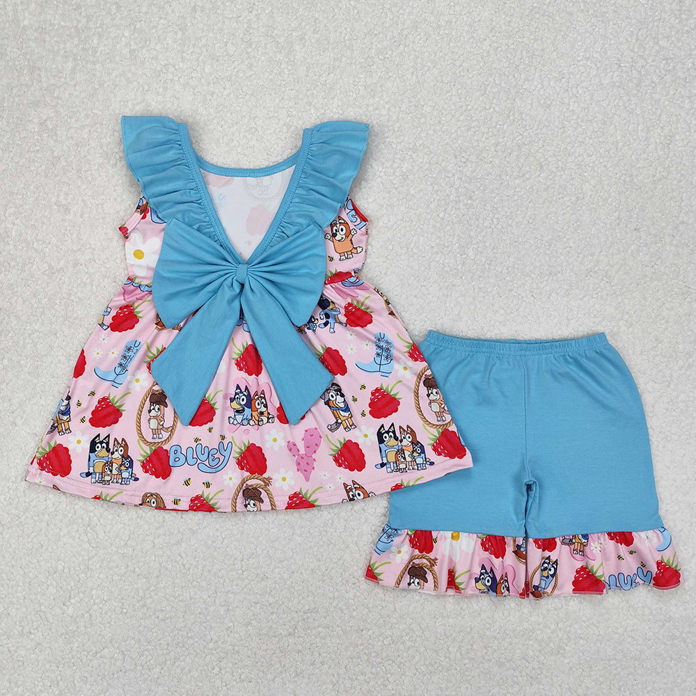 Baby Girls Dogs Strawberry Bows Tunic Ruffle Shorts Clothes Sets
