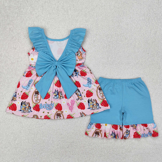 Baby Girls Dogs Strawberry Bows Tunic Ruffle Shorts Clothes Sets