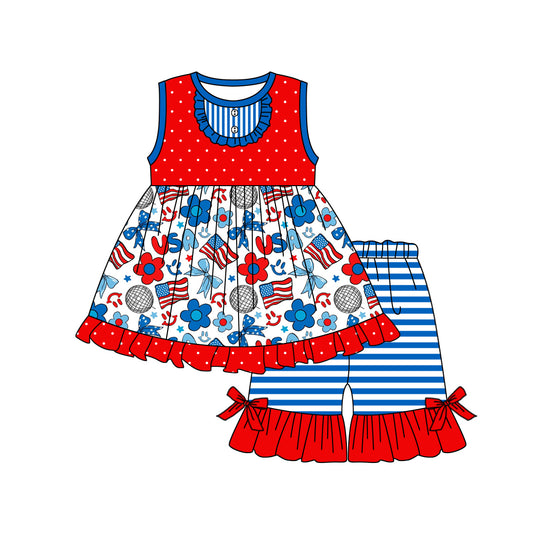 Baby Girls 4th Of July Flags USA Bows Tunic Ruffle Shorts Clothes Sets Preorder