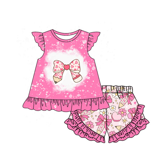 Baby Girls Pencile Bow Back To School Tunic Ruffle Shorts Clothes Sets Preorder