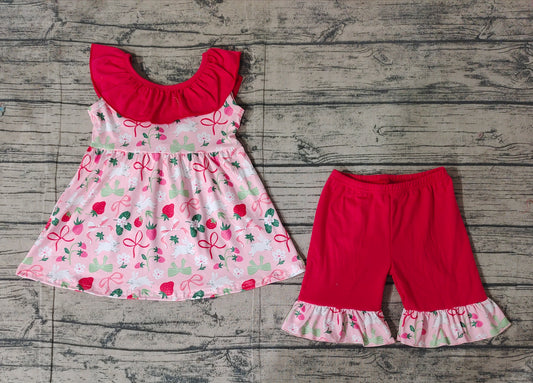 Baby Girls Strawberry Bows Tunic Ruffle Shorts Clothes Sets Preorder
