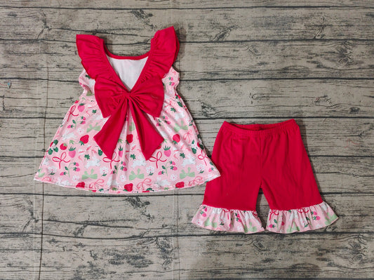 Baby Girls Strawberry Bows Tunic Ruffle Shorts Clothes Sets Preorder