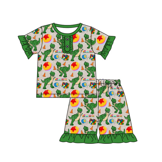 Preorder moq 5 Baby Girls Dinosaurs Toys Shirts Ruffle Shorts Pajamas Clothes Sets