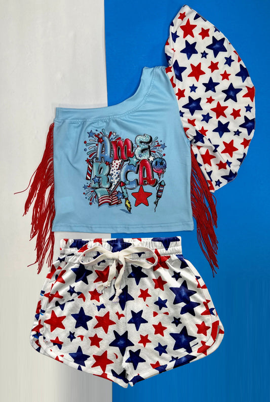 Baby Girls 4th Of July Stars America Fringe Tops Shorts Clothes Sets Preorder