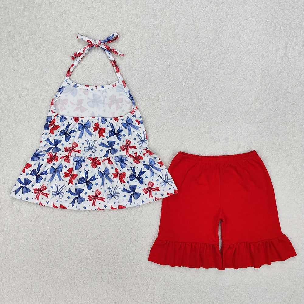 Sibling Baby Girls 4th of July Bows Halter Rompers Dresses