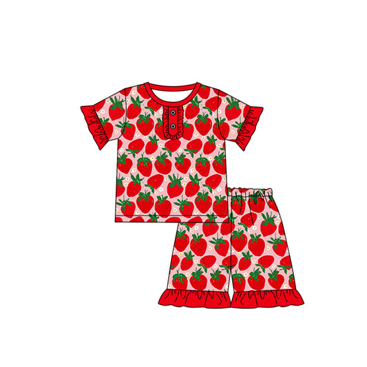 Baby Girls Red Strawberry Shirts Ruffle Shorts Pajamas Clothes Sets Preorder