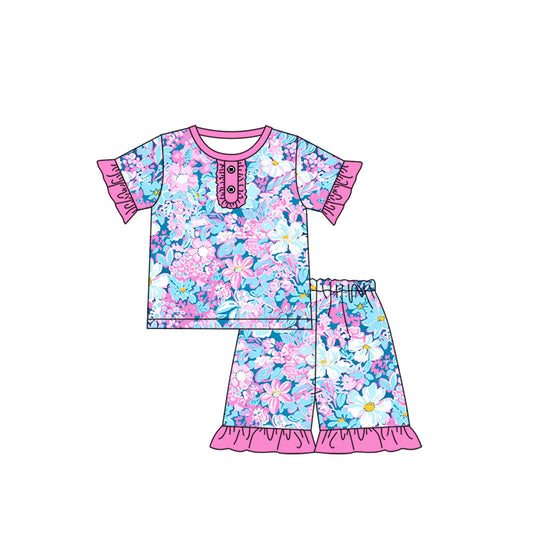 Baby Girls Purple Flowers Shirts Ruffle Shorts Pajamas Clothes Sets Preorder