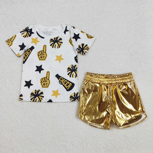 Baby Girls Cheer Golden Team Tops Leather Shorts Clothes Sets
