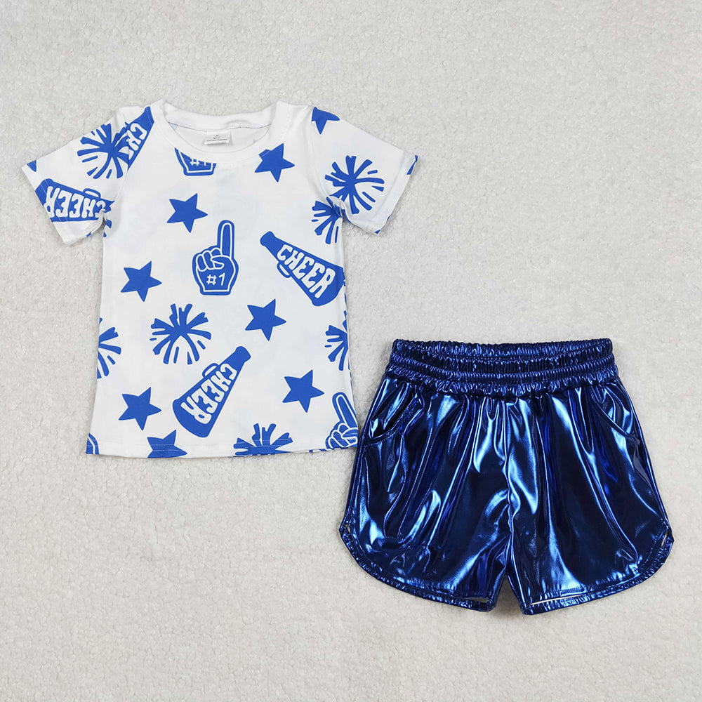 Baby Girls Cheer Blue Team Tops Leather Shorts Clothes Sets