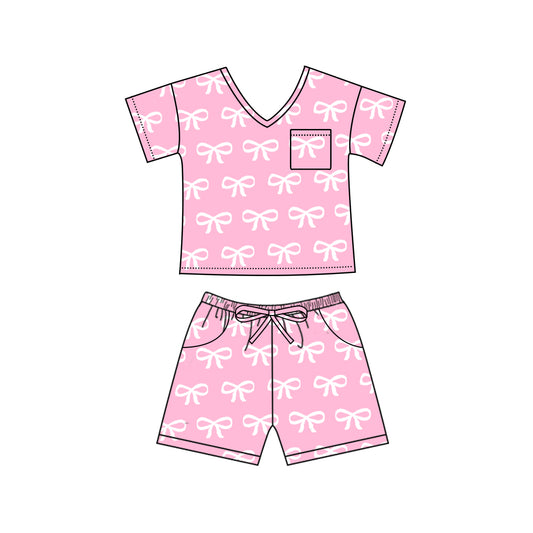 Adult Women Pink Bows V-Neck Tops Shorts Pajamas Preorder