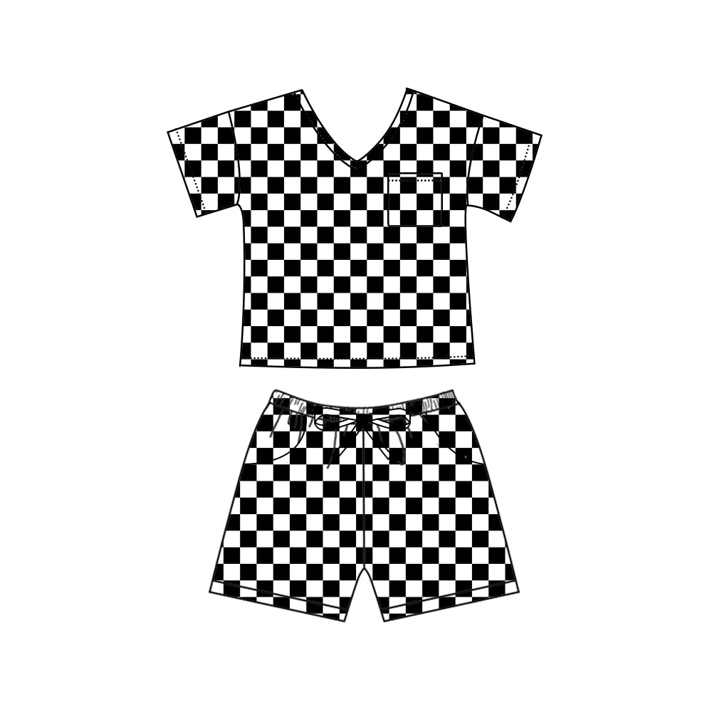 Adult Women Black Checkered V-Neck Tops Shorts Pajamas Preorder