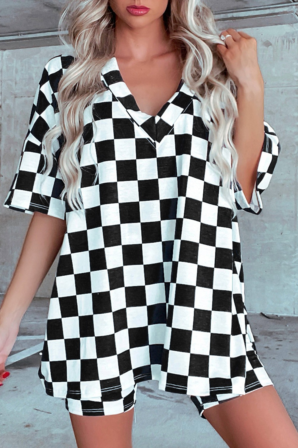 Adult Women Black Checkered V-Neck Tops Shorts Pajamas Preorder