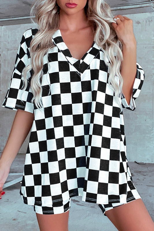 Adult Women Black Checkered V-Neck Tops Shorts Pajamas Preorder