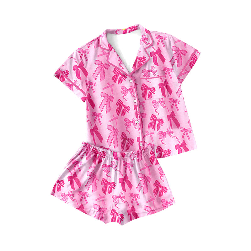 Adult Women Pink Bows Lapel Buttons Tops Shorts Pajamas Preorder
