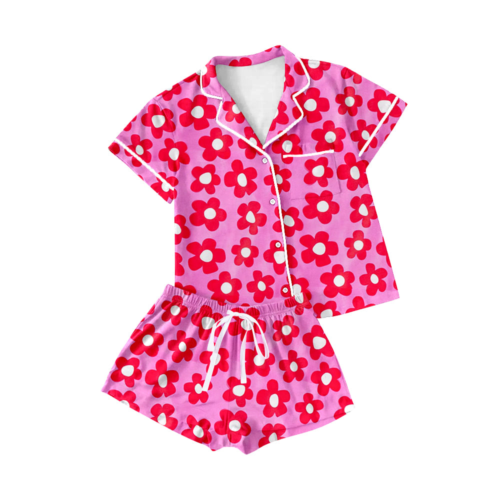 Adult Women Pink Flowers Lapel Buttons Tops Shorts Pajamas Preorder
