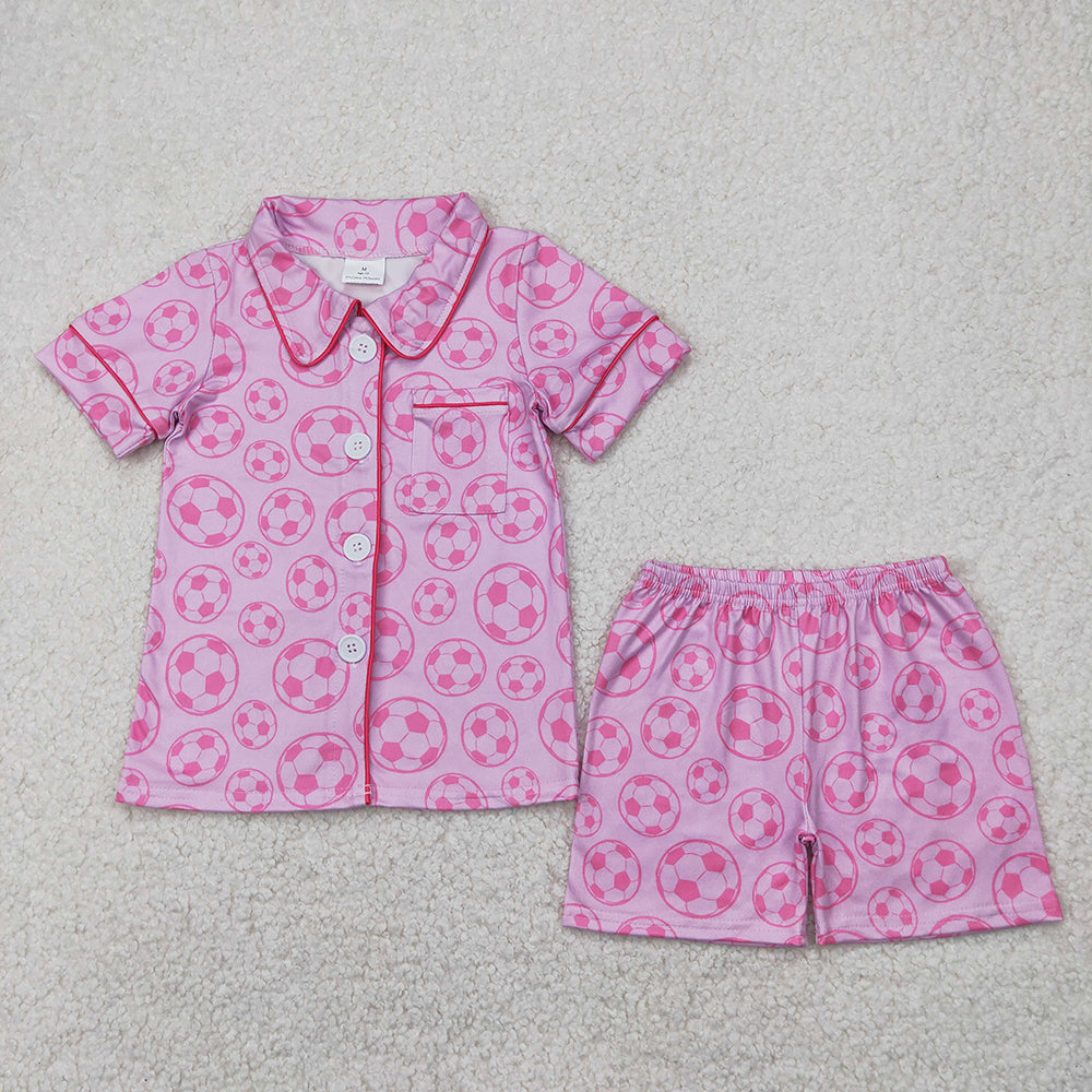 Baby Girls Pink Soccer Buttons Shirt Shorts Pajamas Clothes Sets