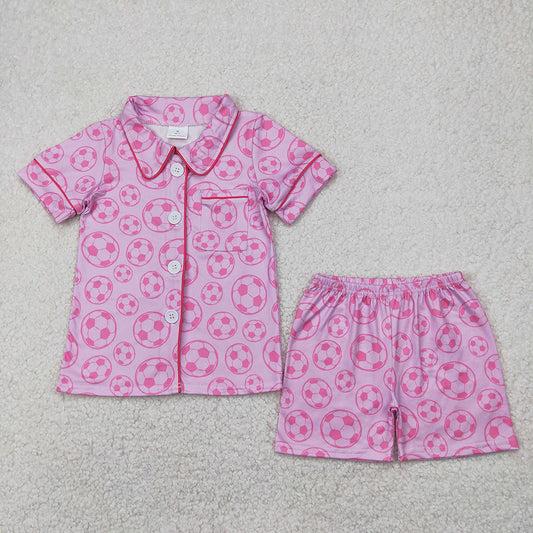 Baby Girls Pink Soccer Buttons Shirt Shorts Pajamas Clothes Sets